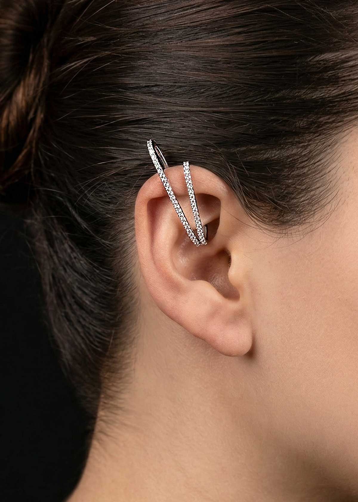 Double Line Silver Plated Cubic Zircon Ear Cuff For Women
