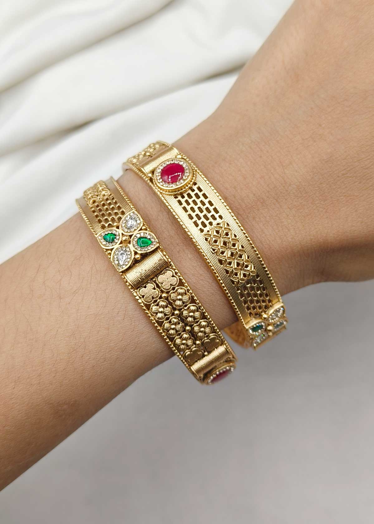 Traditional Antique Gold Wide Bangles (Pair)