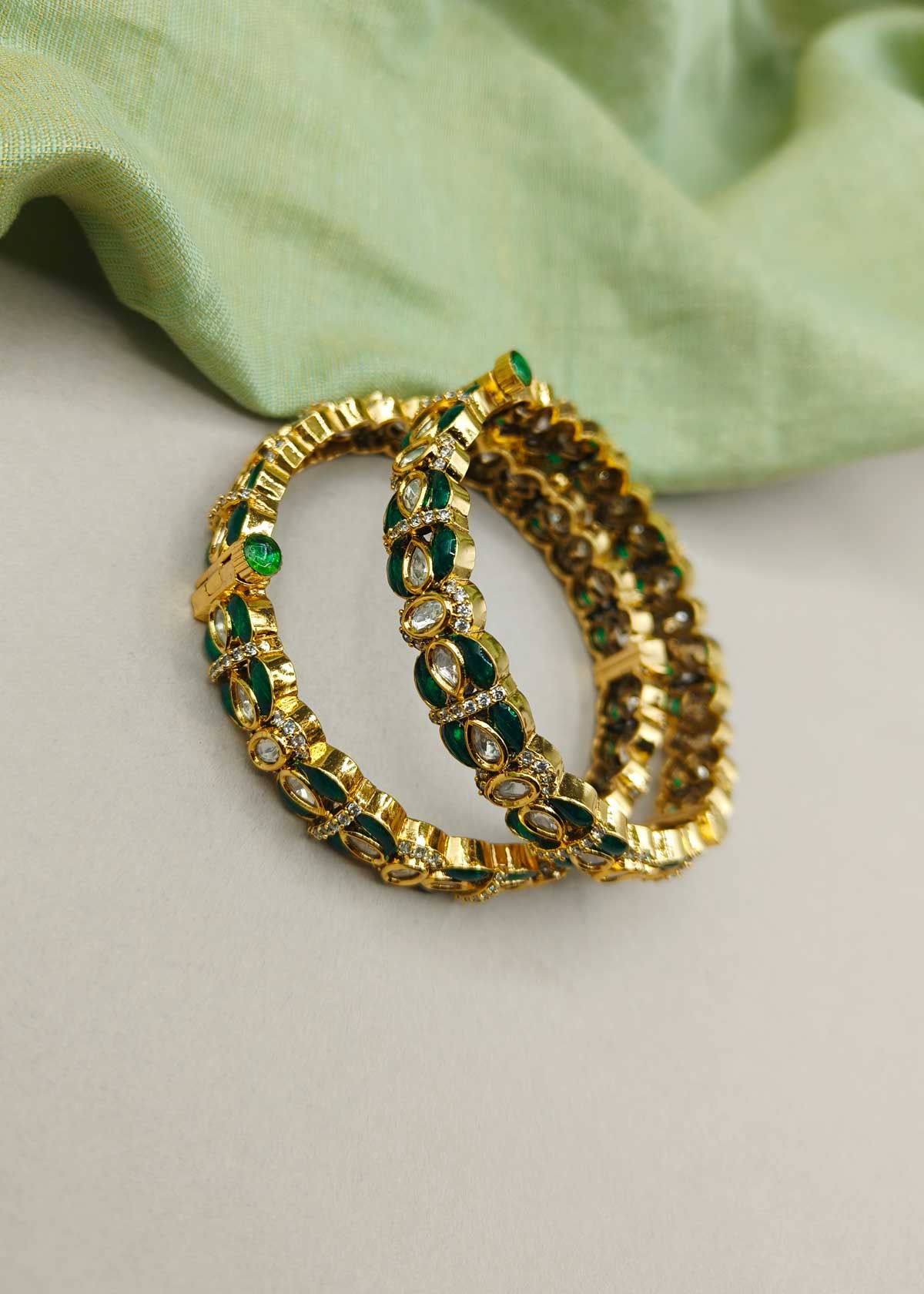 Antique Gold Kundan And Cubic Zircon Meenakari Openable Bangles For Women (Pair)