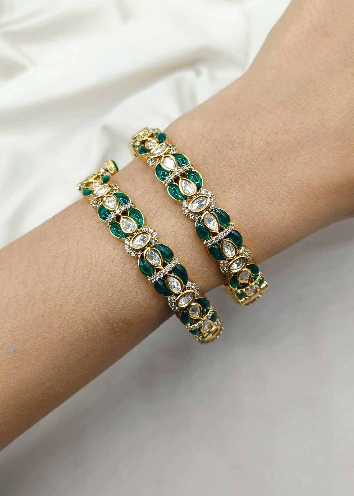 Antique Gold Kundan And Cubic Zircon Meenakari Openable Bangles For Women (Pair)