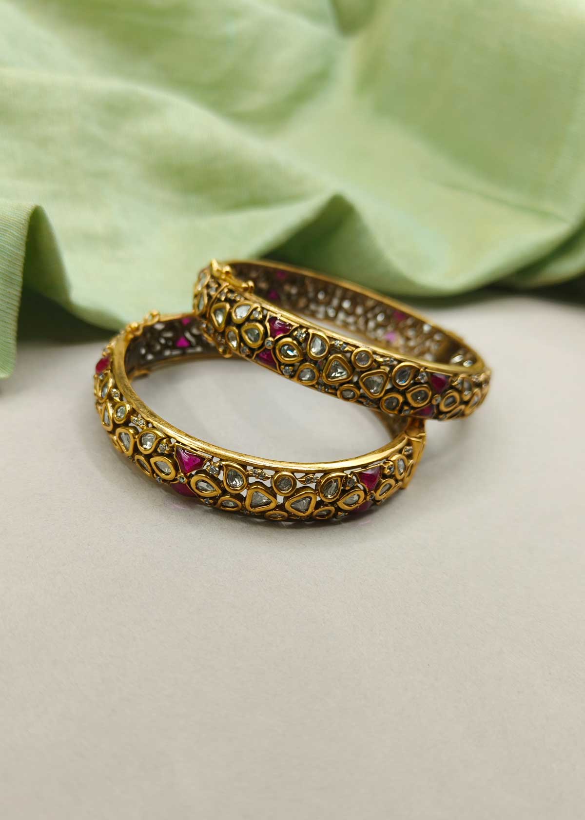 Traditional Antique Gold Kundan And Cubic Zircon Meenakari Openable Bangles For Women (Pair)