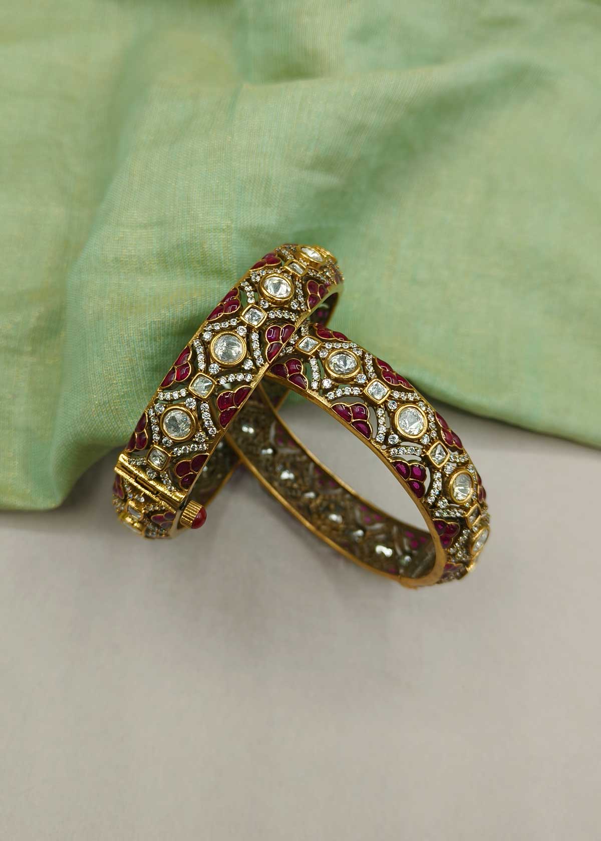 Geometric Antique Gold Kundan And Cubic Zircon Meenakari Openable Bangles For Women (Pair)