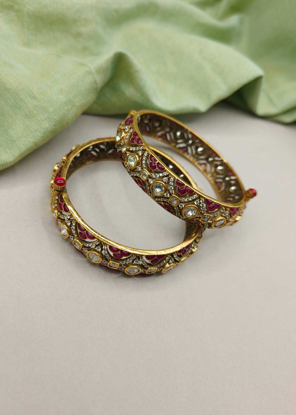 Geometric Antique Gold Kundan And Cubic Zircon Meenakari Openable Bangles For Women (Pair)