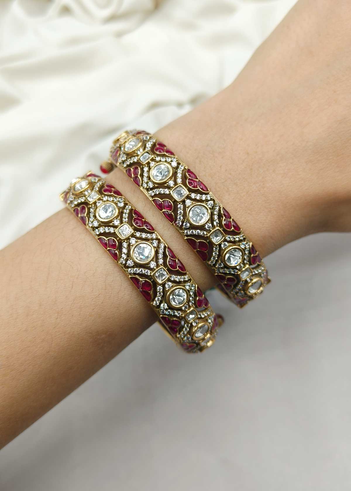 Geometric Antique Gold Kundan And Cubic Zircon Meenakari Openable Bangles For Women (Pair)