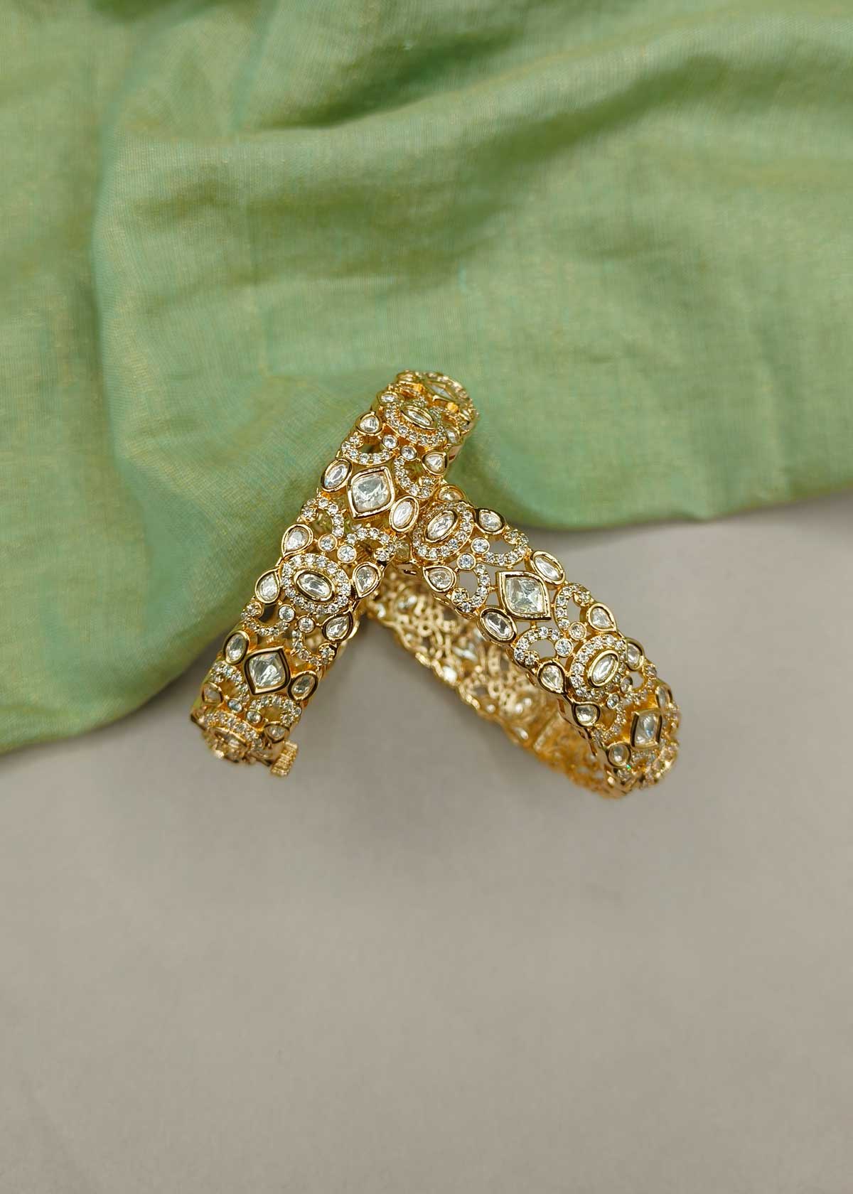 Dazzling Cubic Zircon And Kundan Openable Bangles For Women (Pair)