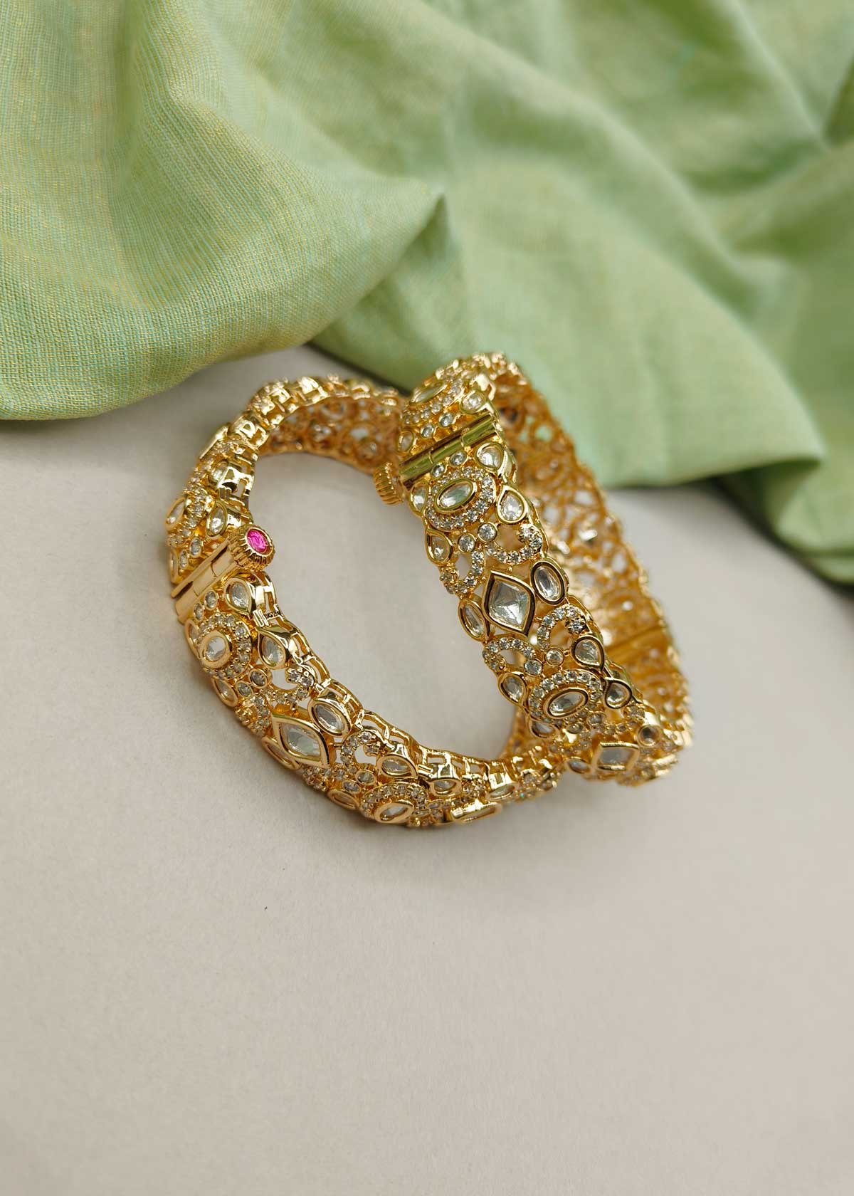 Dazzling Cubic Zircon And Kundan Openable Bangles For Women (Pair)