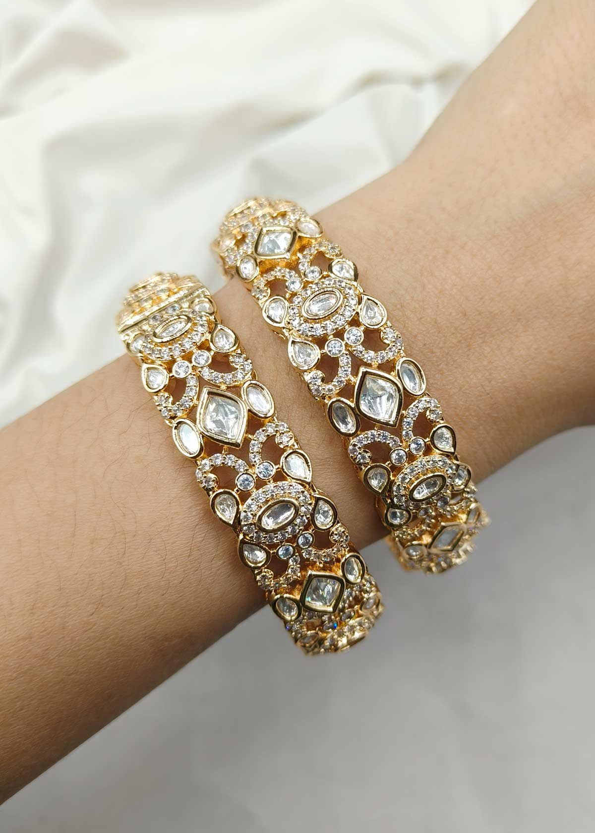 Dazzling Cubic Zircon And Kundan Openable Bangles For Women (Pair)