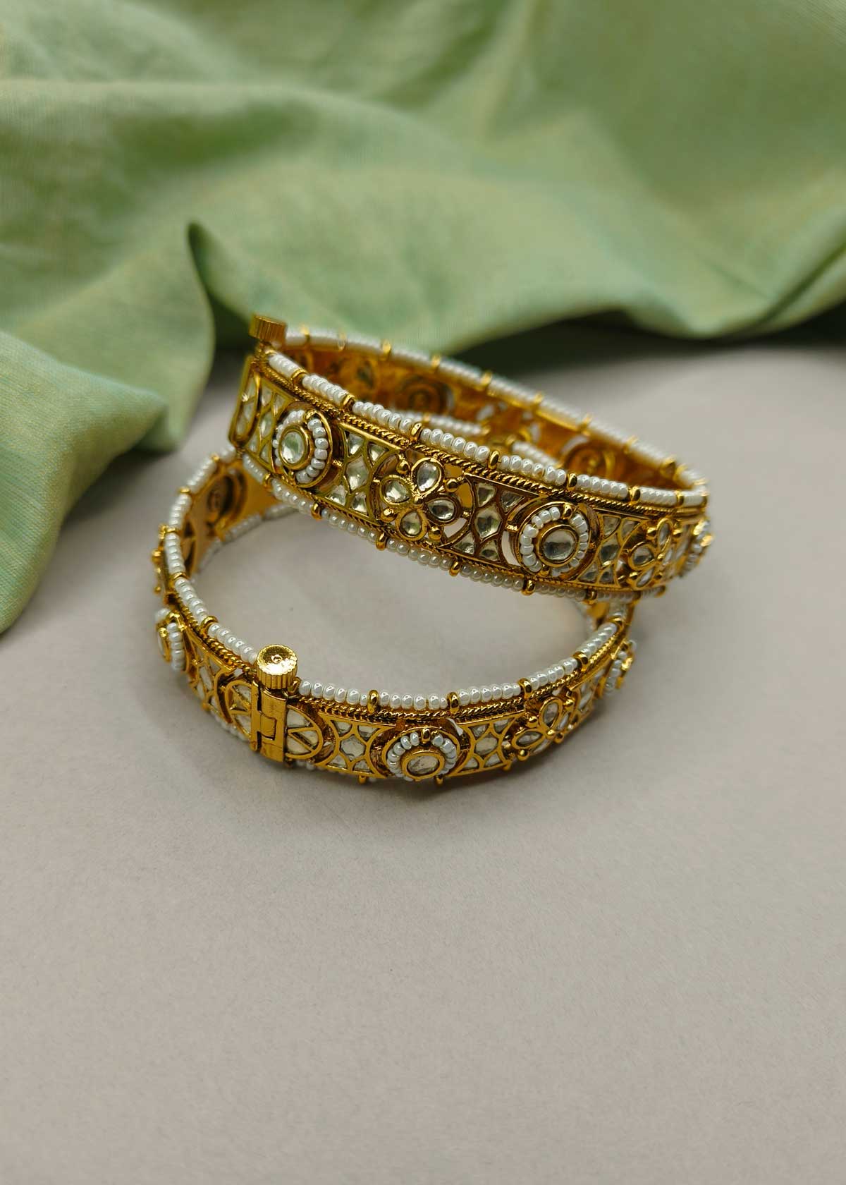 Kundan Polki Floral Designer With Pearl Openable Bangles For Women (Pair)