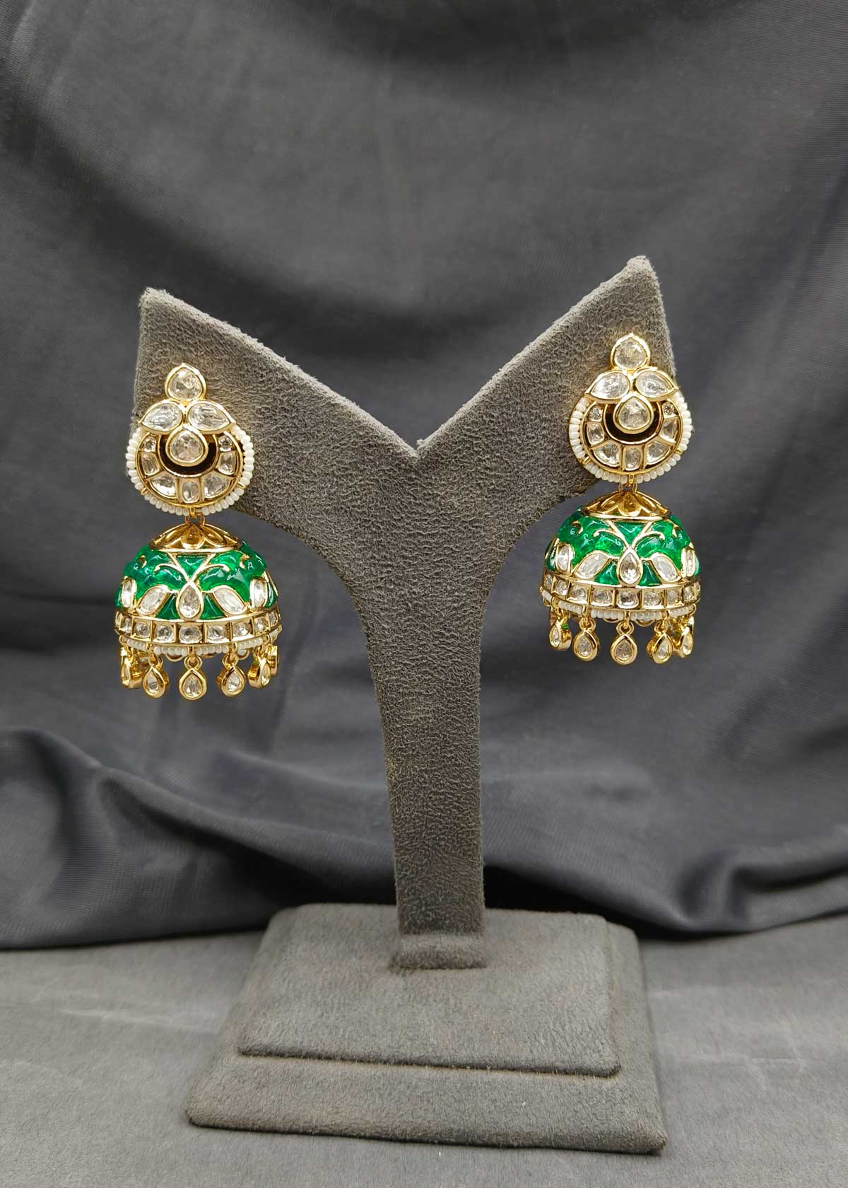 Traditional Classic Gold Polish Colourful Meenakari With Kundan And Pearl Jhumkas