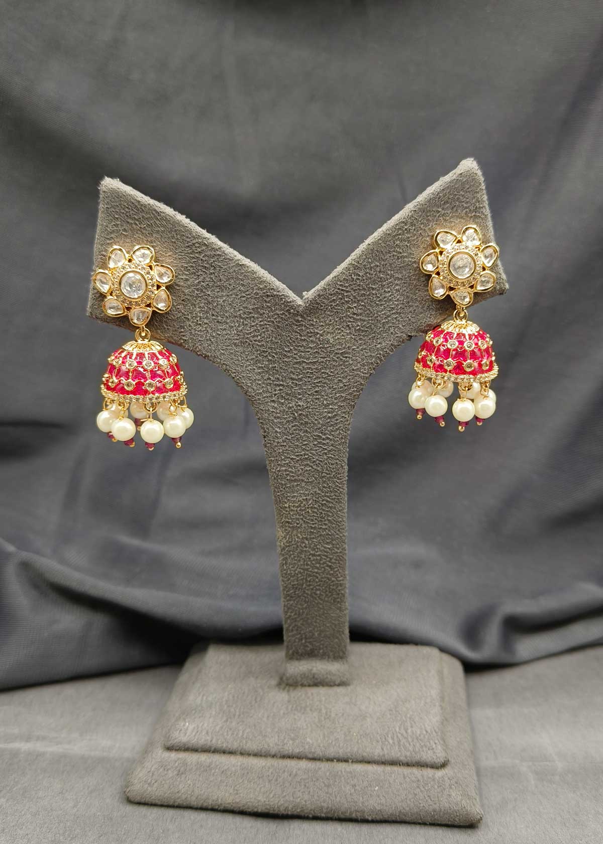 Kundan Gold Plated Floral Design Red And Green Diamond With Pearl Drops Meenakari Jhumka Earring