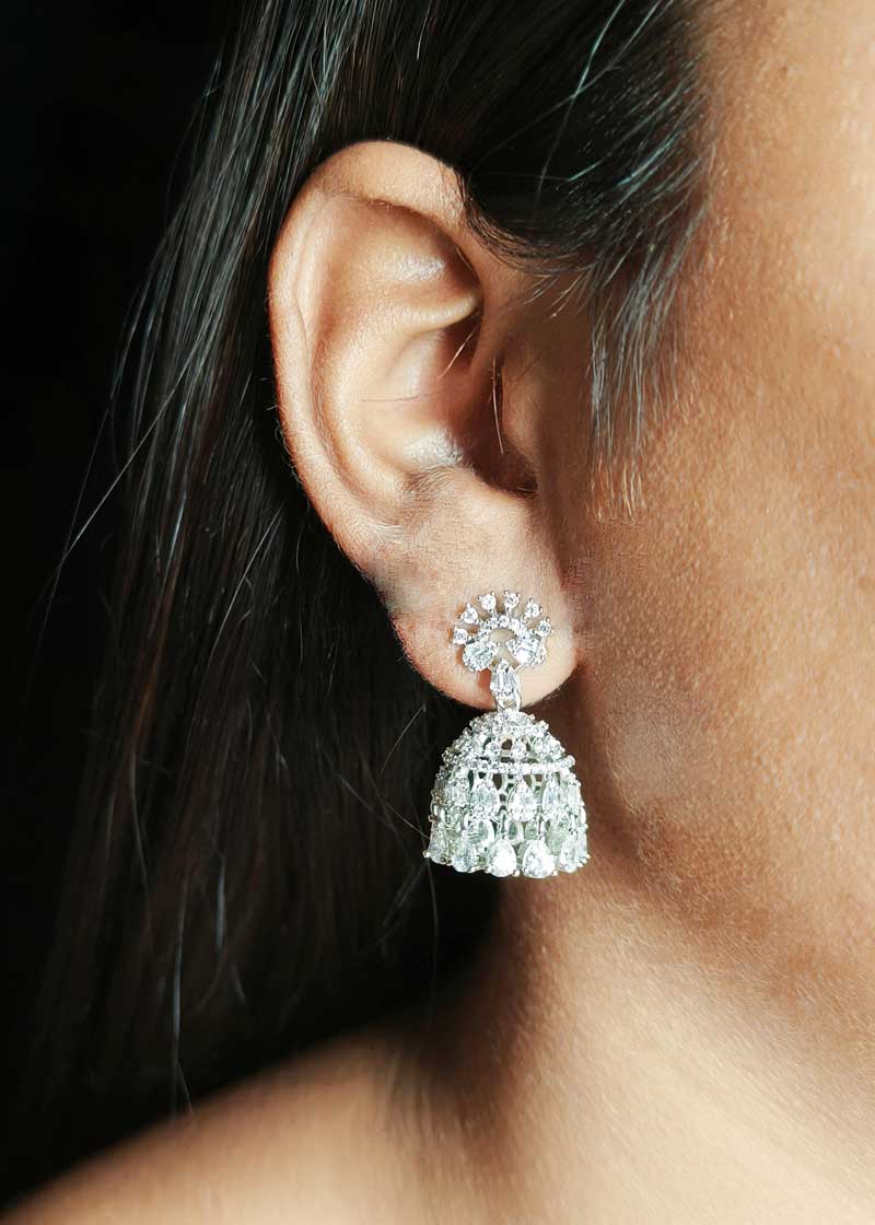 Dazzling Cubic Zircon Studded Silver Plated Small Jhumka Earrings for Women