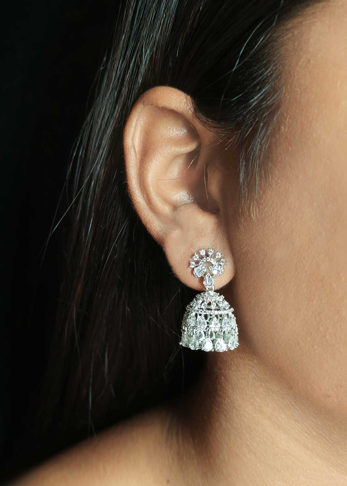 Dazzling Cubic Zircon Studded Silver Plated Small Jhumka Earrings for Women