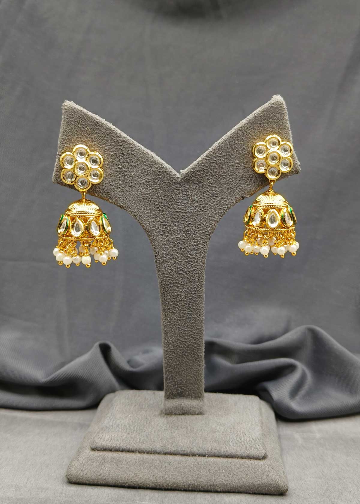 Gold Plated Traditional Floral Kundan With Pearl Hanging Small Jhumka Earring For Women