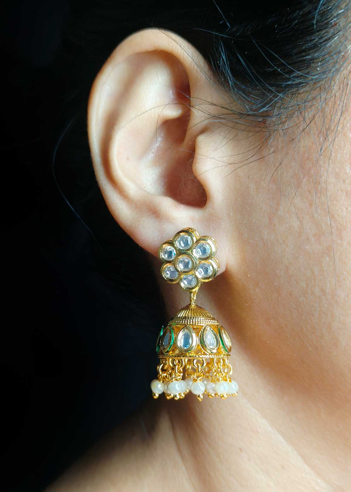 Gold Plated Traditional Floral Kundan With Pearl Hanging Small Jhumka Earring For Women