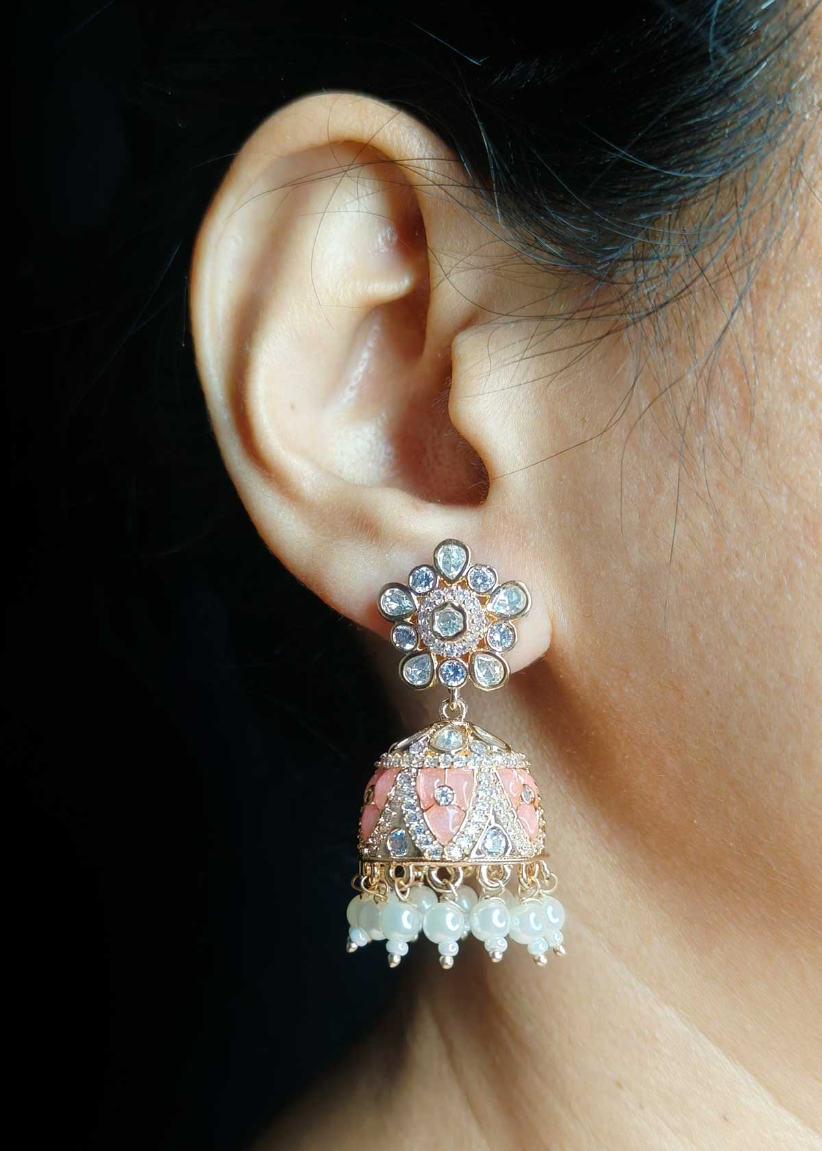 Kundan Colorful Meenakari Hanging Pearl Designer Diamond Jhumka Earrings For Women