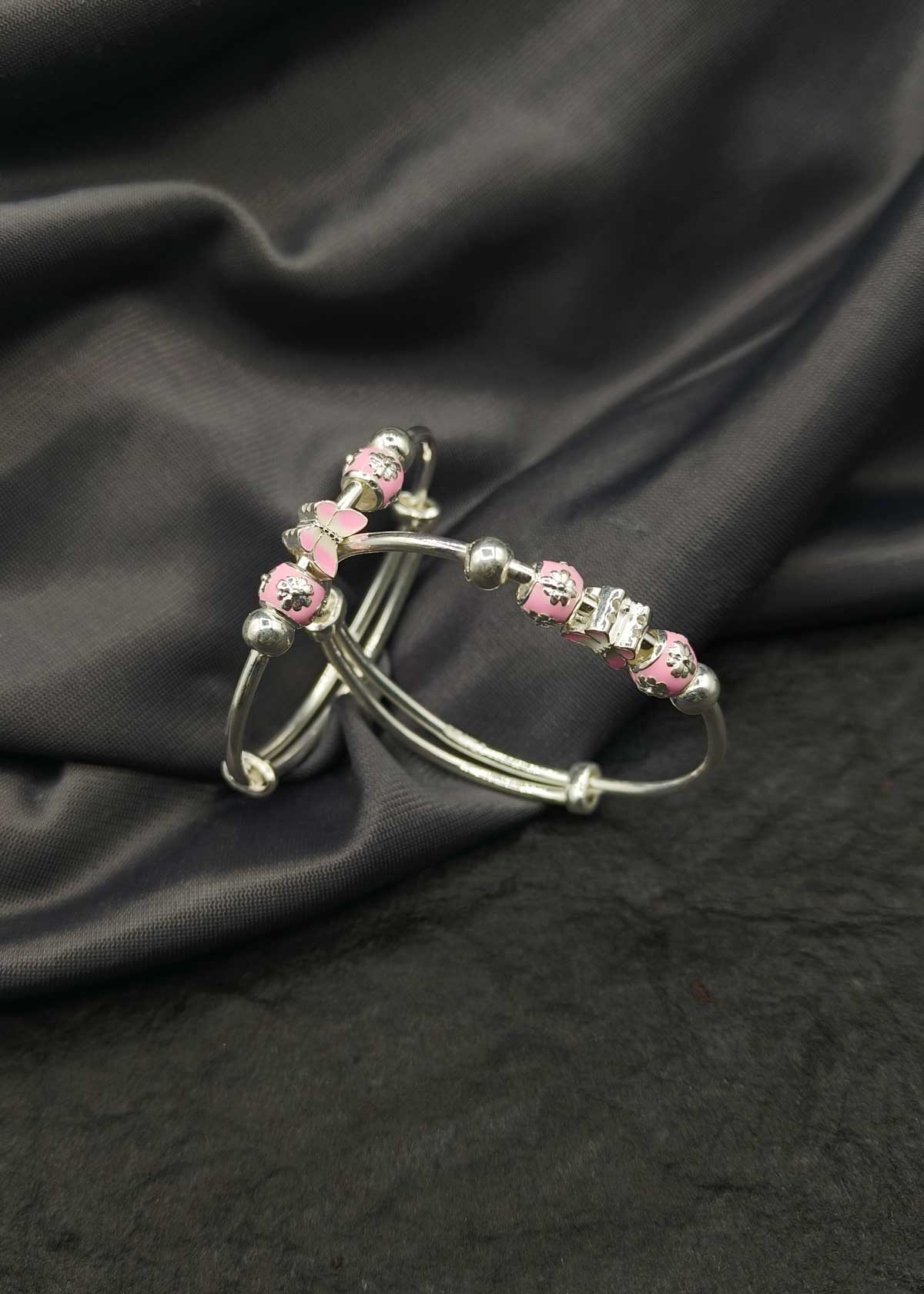 999.9 Sterling Silver Pink Meenakari Butterfly Design Adjustable Baby Girl Kada