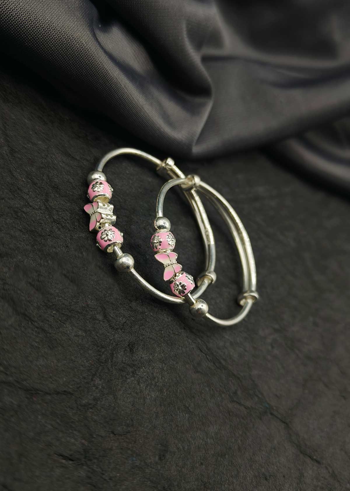 999.9 Sterling Silver Pink Meenakari Butterfly Design Adjustable Baby Girl Kada