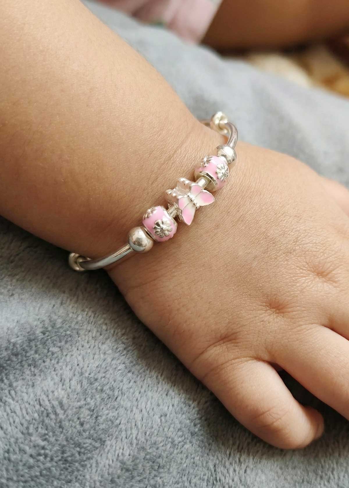 999.9 Sterling Silver Pink Meenakari Butterfly Design Adjustable Baby Girl Kada