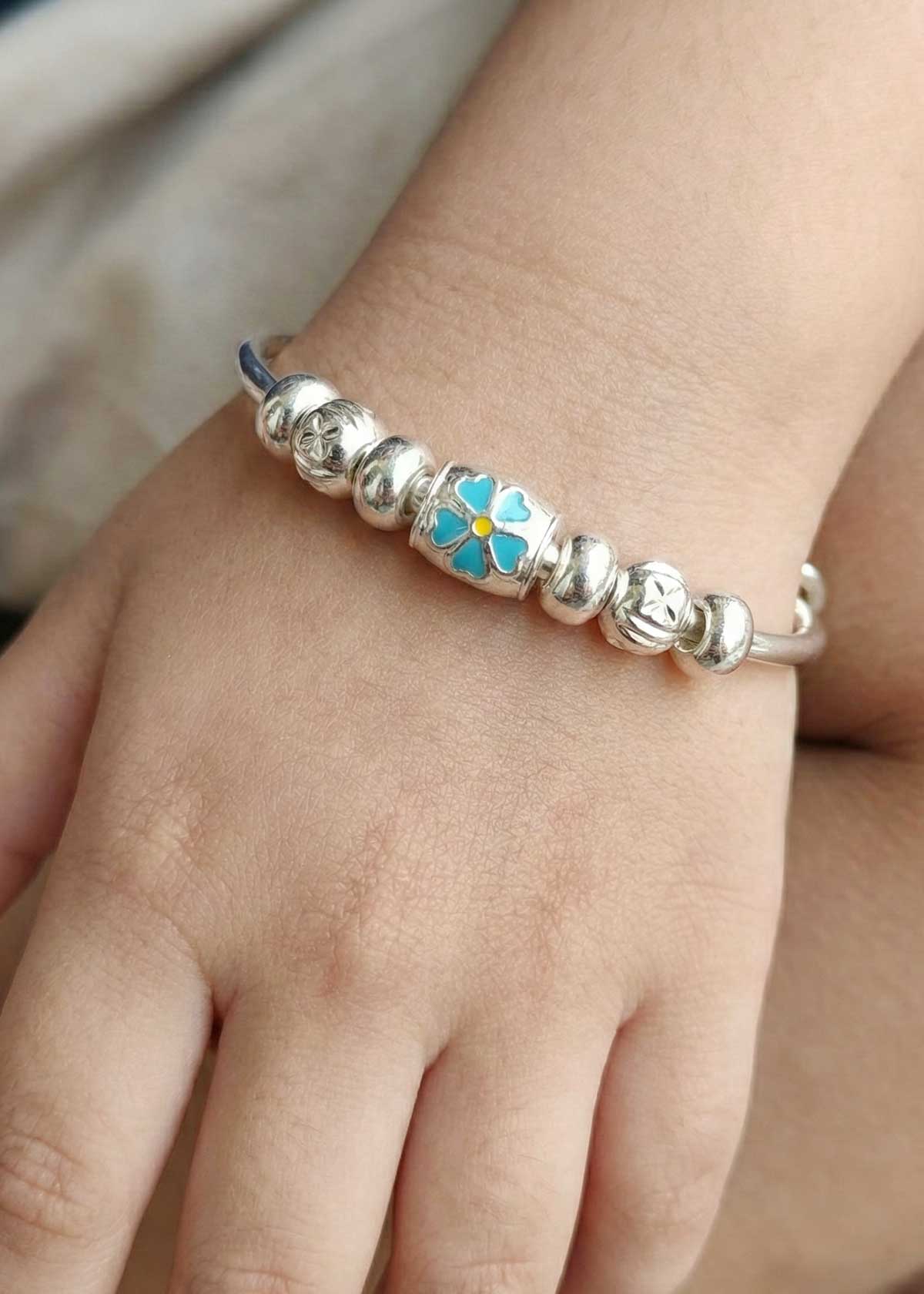 92.5 Sterling Silver Pink And Blue Flower Meenakari Adjustable Baby Girl/Boy Kada