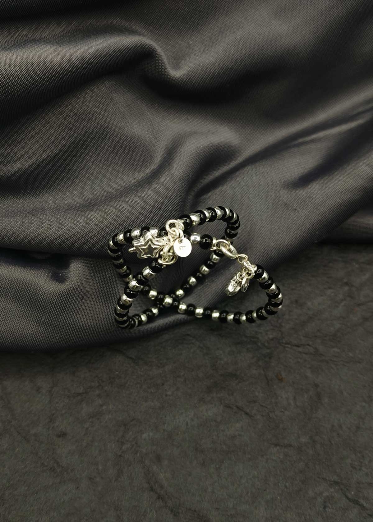 92.5 Sterling Silver Black Beads Nazariya Adjustable Baby Bracelet With Star Charm