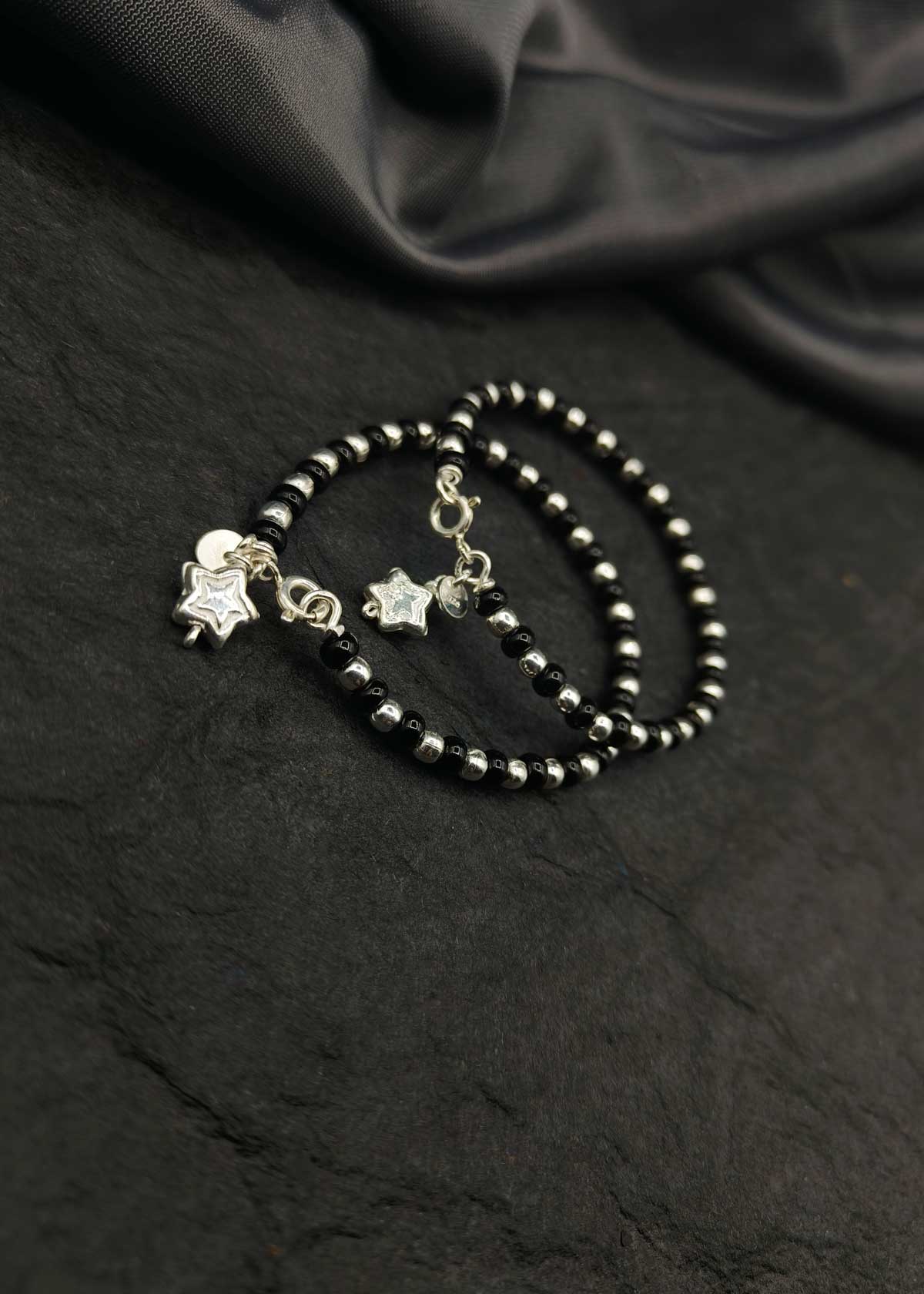 92.5 Sterling Silver Black Beads Nazariya Adjustable Baby Bracelet With Star Charm