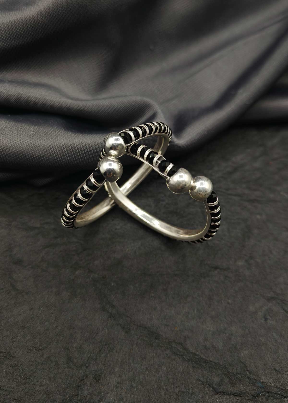 92.5 Sterling Silver Black Beads Adjustable Baby Kada