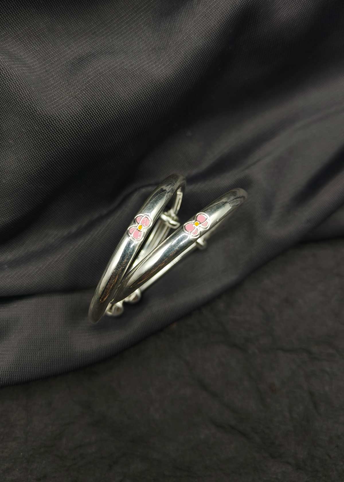 990 Sterling Silver Pink Bow Meenakari Adjustable Baby Girl Kada