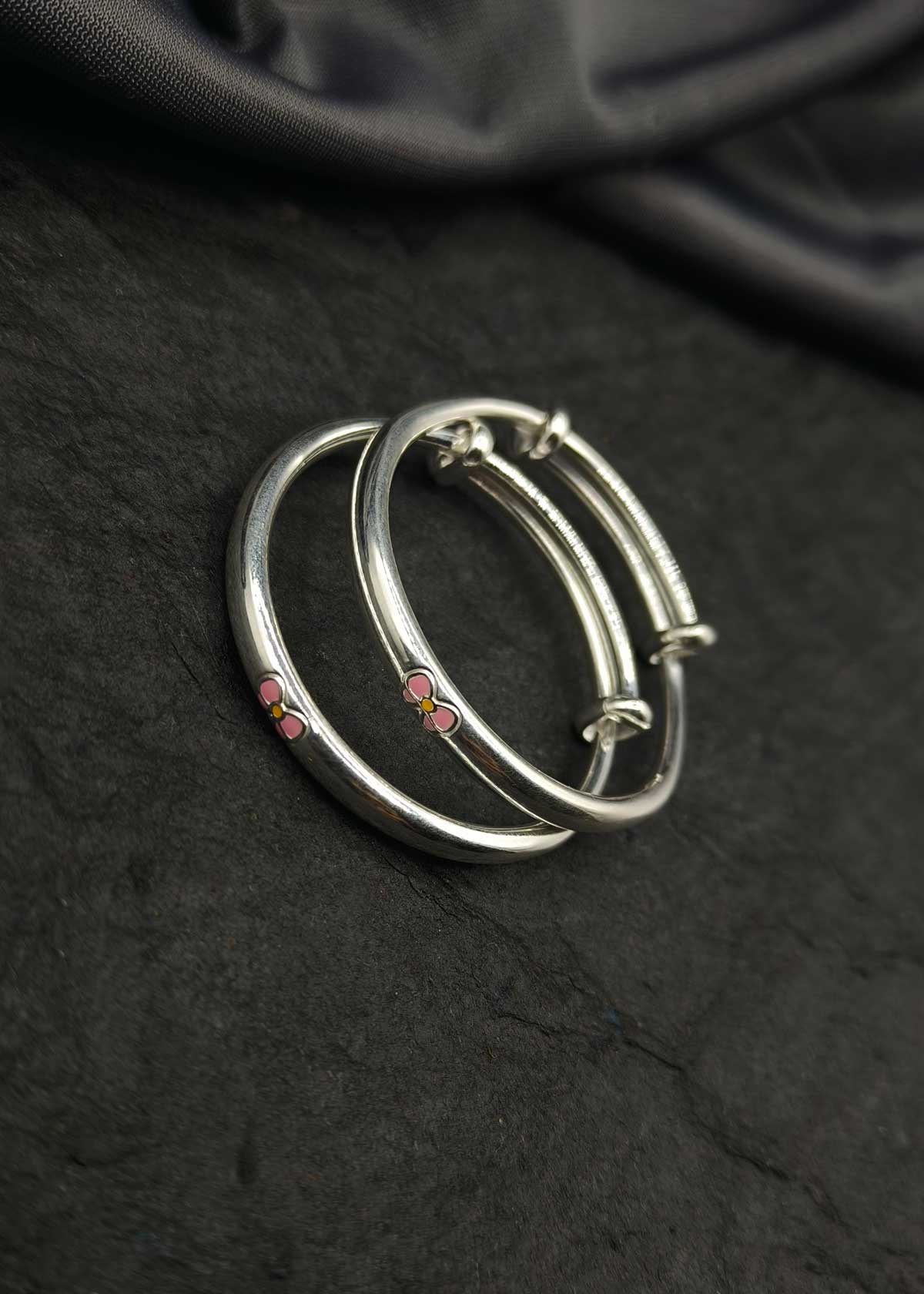 990 Sterling Silver Pink Bow Meenakari Adjustable Baby Girl Kada