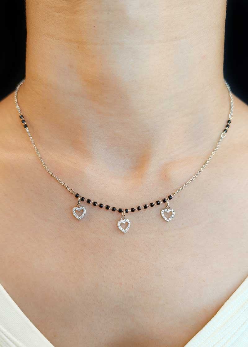 Cubic Zircon Heart Charms Gold And Silver Plated Delicate Mangalsutra Necklace