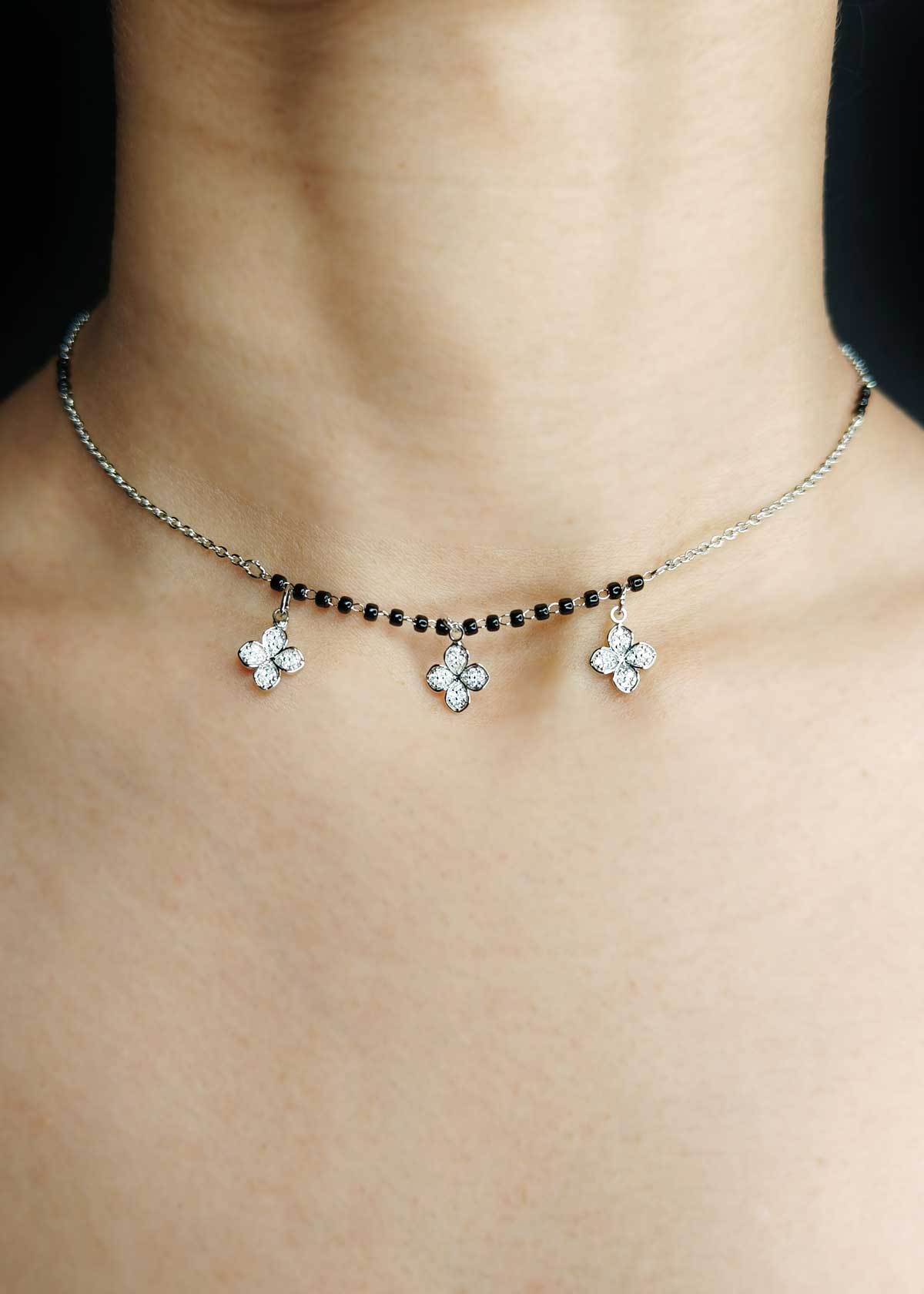 Gold And Silver Plated Cubic Zircon Delicate Clover Pendant Mangalsutra Necklace
