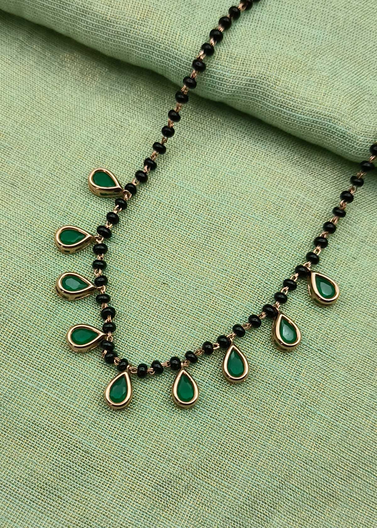 Elegant Dual Tone Green Teardrops Charm Pendants Mangalsutra Necklace