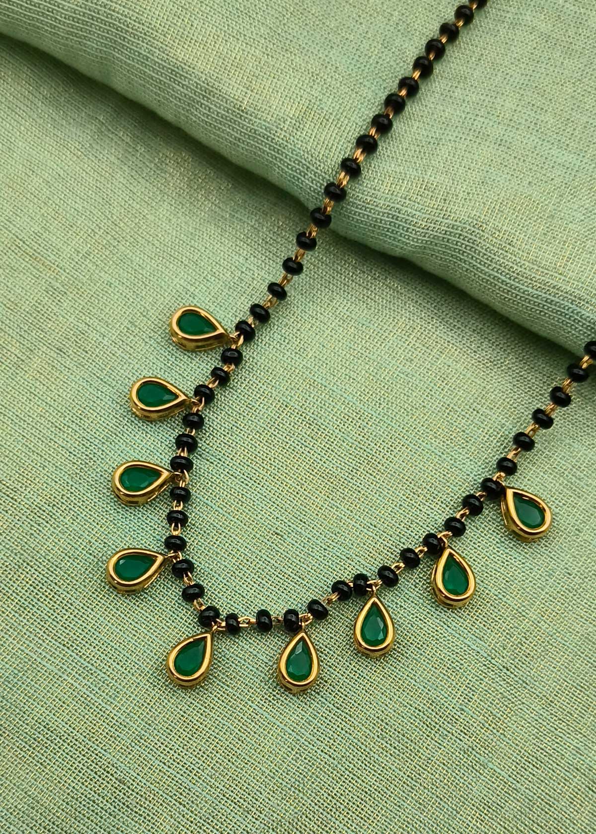 Elegant Dual Tone Green Teardrops Charm Pendants Mangalsutra Necklace