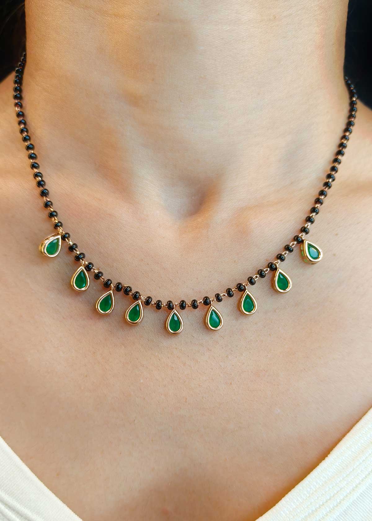 Elegant Dual Tone Green Teardrops Charm Pendants Mangalsutra Necklace