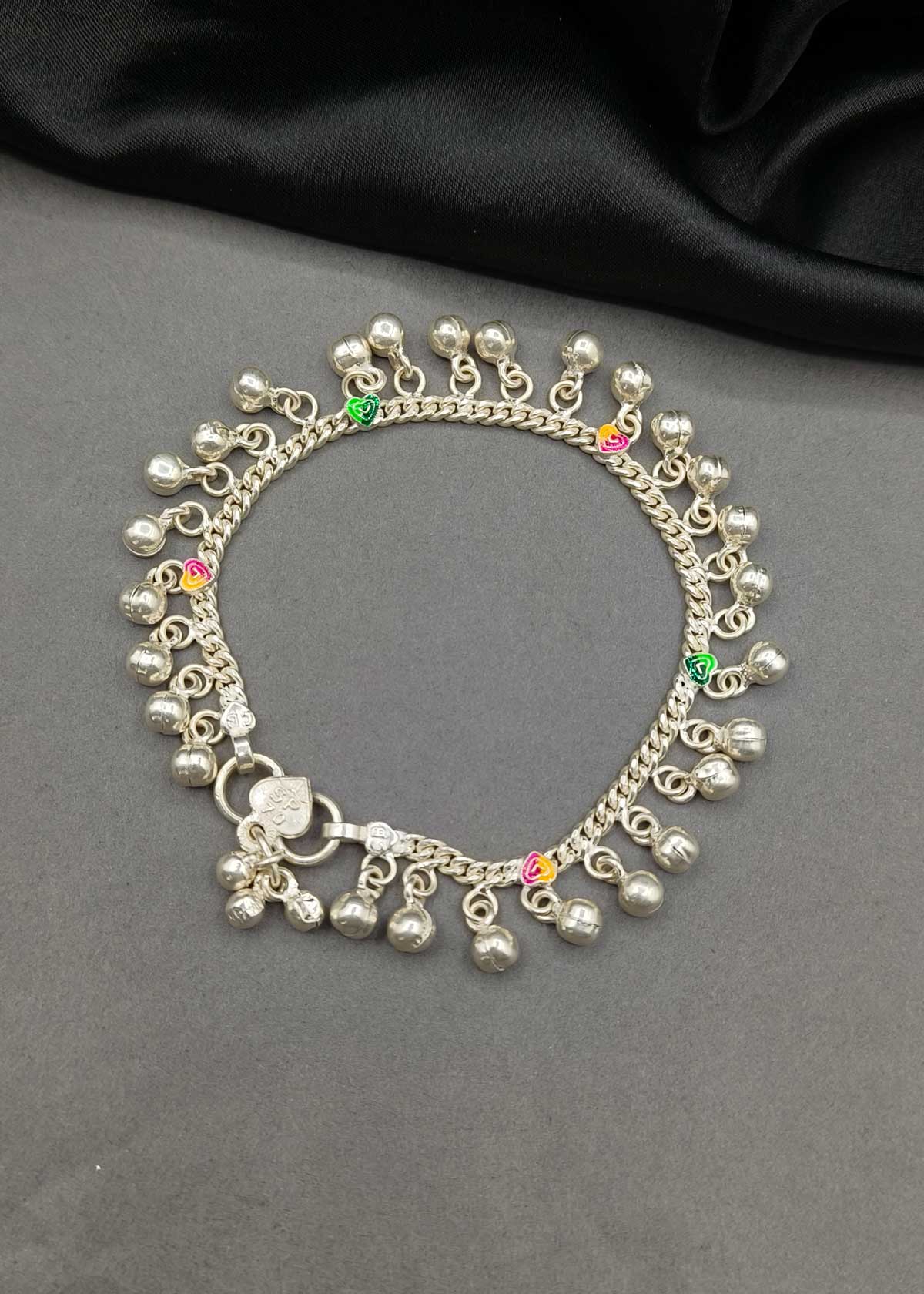 70.0 Sterling Silver Baby Payal/ Anklet With Beautiful Colorful Tiny Meenakari Hearts And Ghungroos