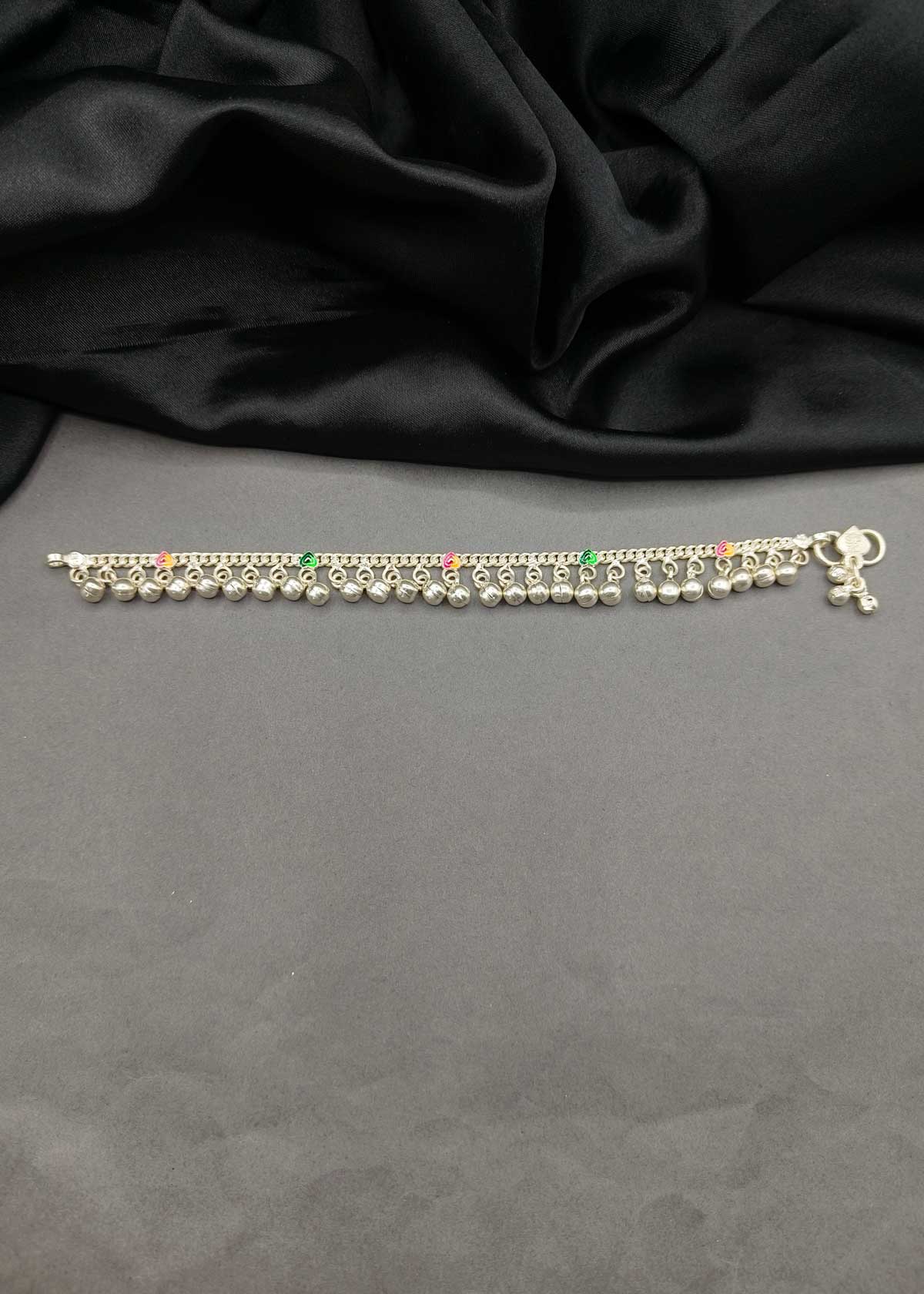 70.0 Sterling Silver Baby Payal/ Anklet With Beautiful Colorful Tiny Meenakari Hearts And Ghungroos
