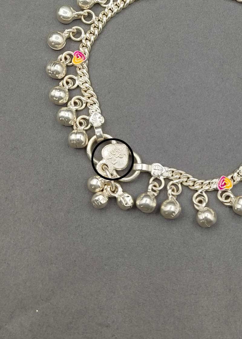 70.0 Sterling Silver Baby Payal/ Anklet With Beautiful Colorful Tiny Meenakari Hearts And Ghungroos