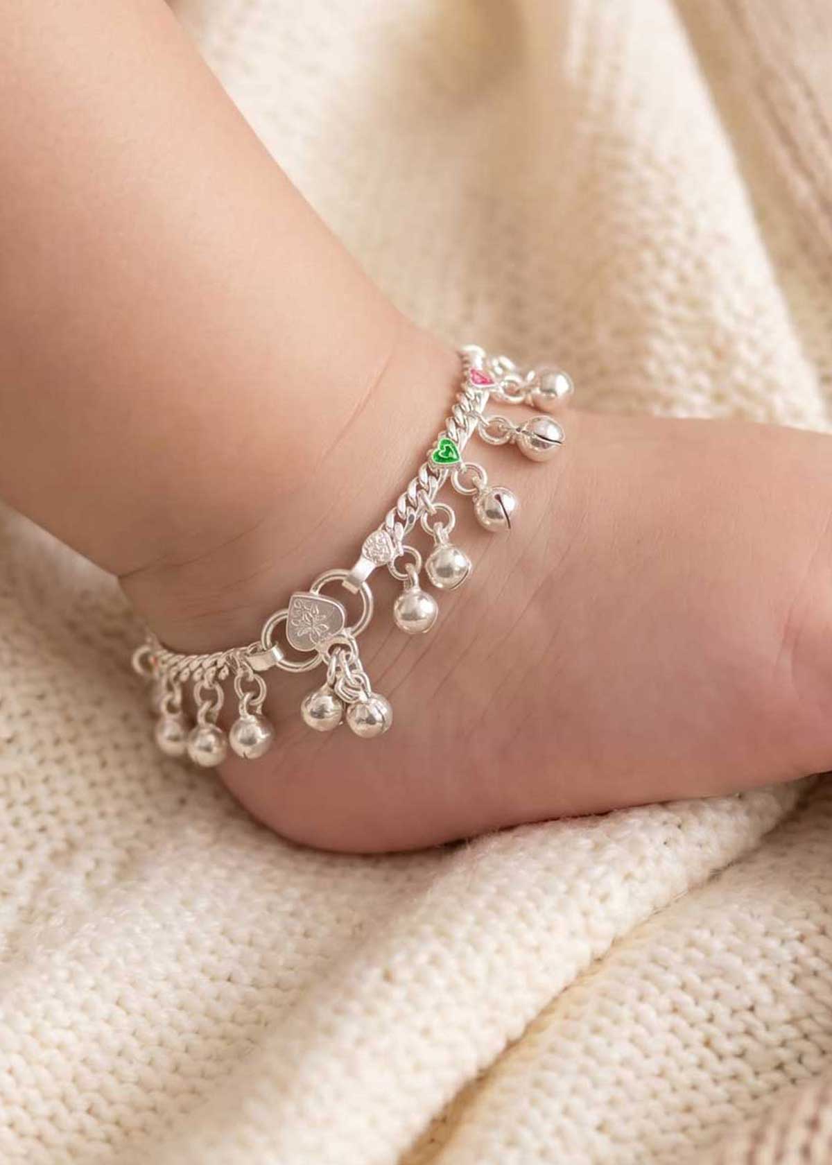 70.0 Sterling Silver Baby Payal/ Anklet With Beautiful Colorful Tiny Meenakari Hearts And Ghungroos (Single)