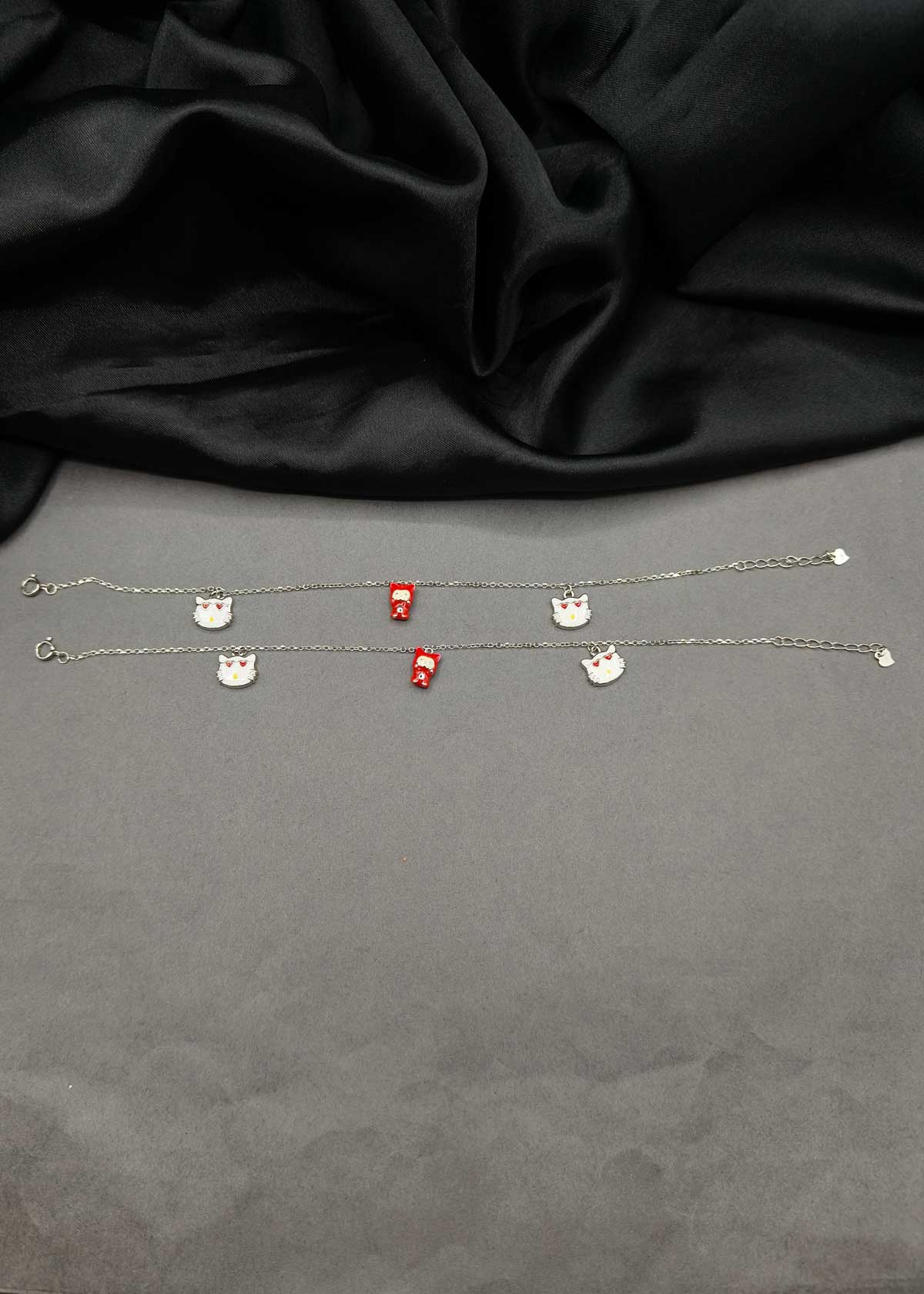 Charming 92.5 Sterling Silver Baby Payal/ Anklet With Cat Faces Meenakari Charms