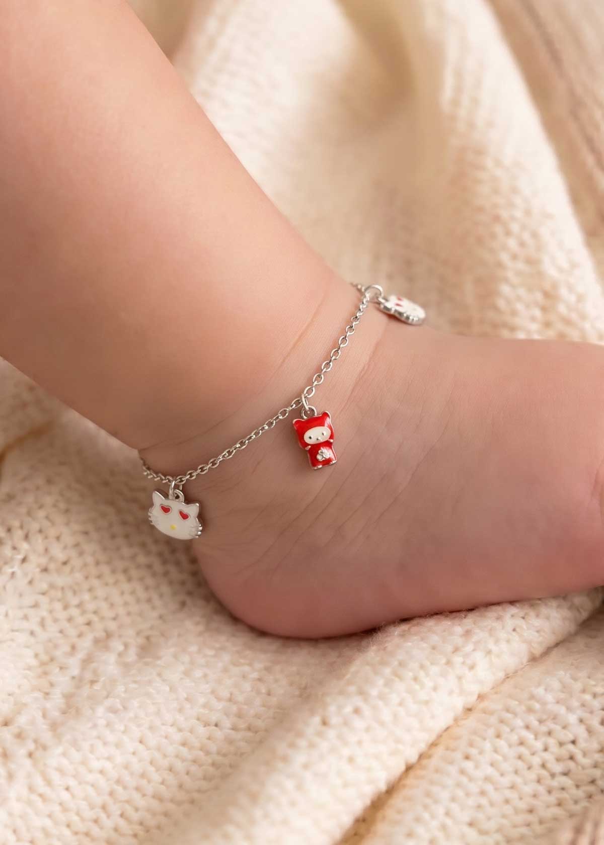 92.5 Sterling Silver Charming Baby Payal/ Anklet With Cat Faces Meenakari Charms (Pair)