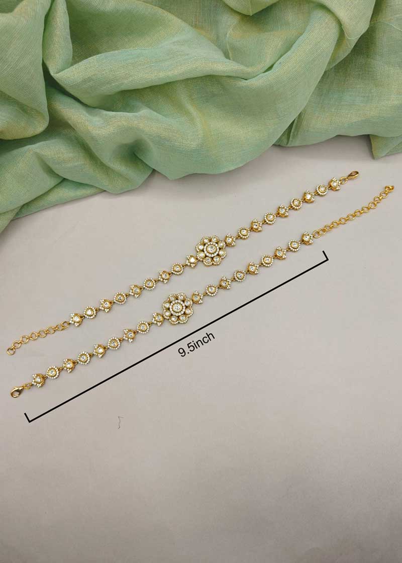 Luxurious Floral Kundan And Cubic Zircon Antique Gold Adjustable Payal/ Anklet For Women