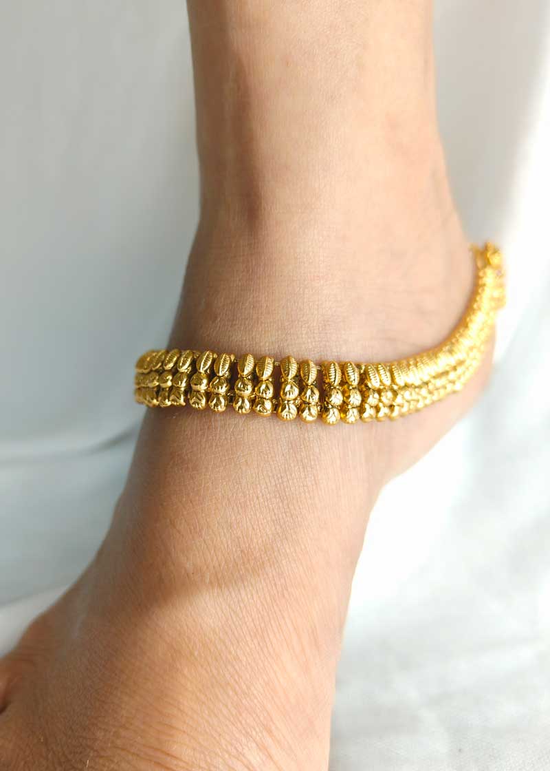Designer Triple Row Antique Gold Plated Adjustable Payal/ Anklet For Women