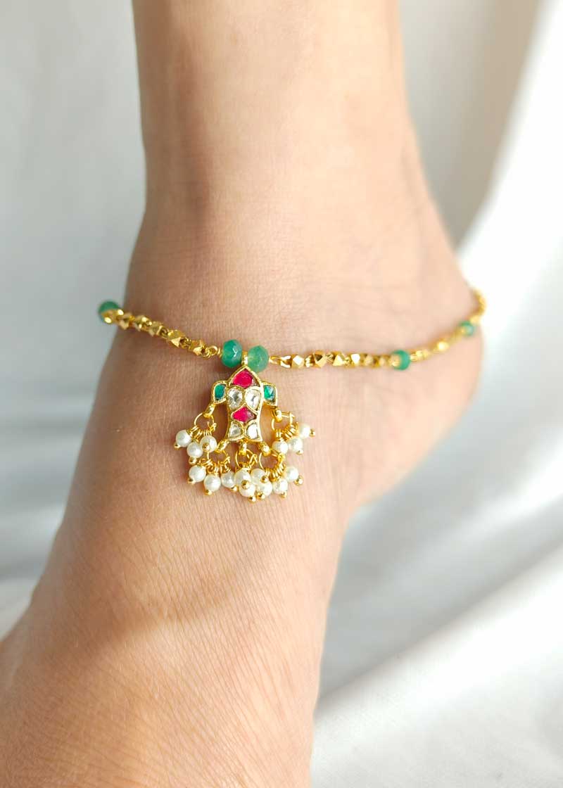 Fine Kundan And Pearl Gold Plated Adjustable Payal/ Anklet For Women