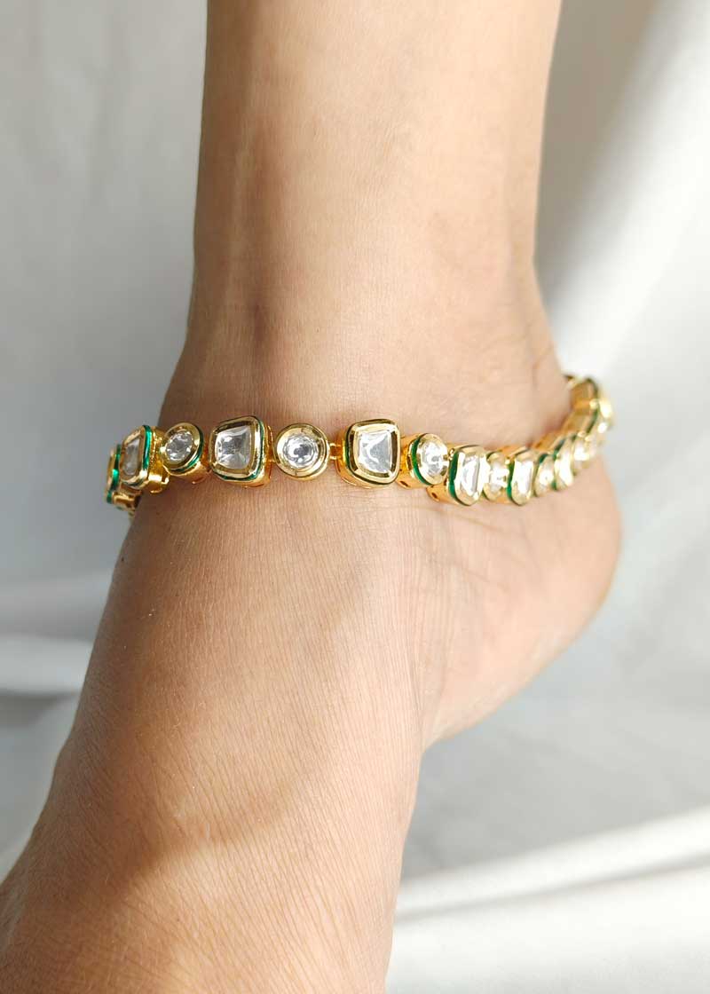 Rich Uncut Polki Style Square and Round Kundan Antique Gold Adjustable Payal/ Anklet For Women