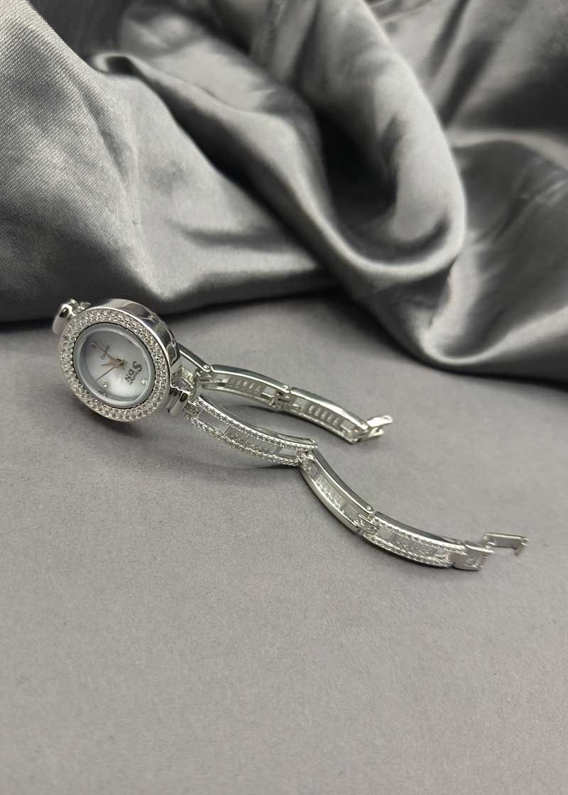 92.5 Sterling Silver Round Cubic Zircon Women Watch