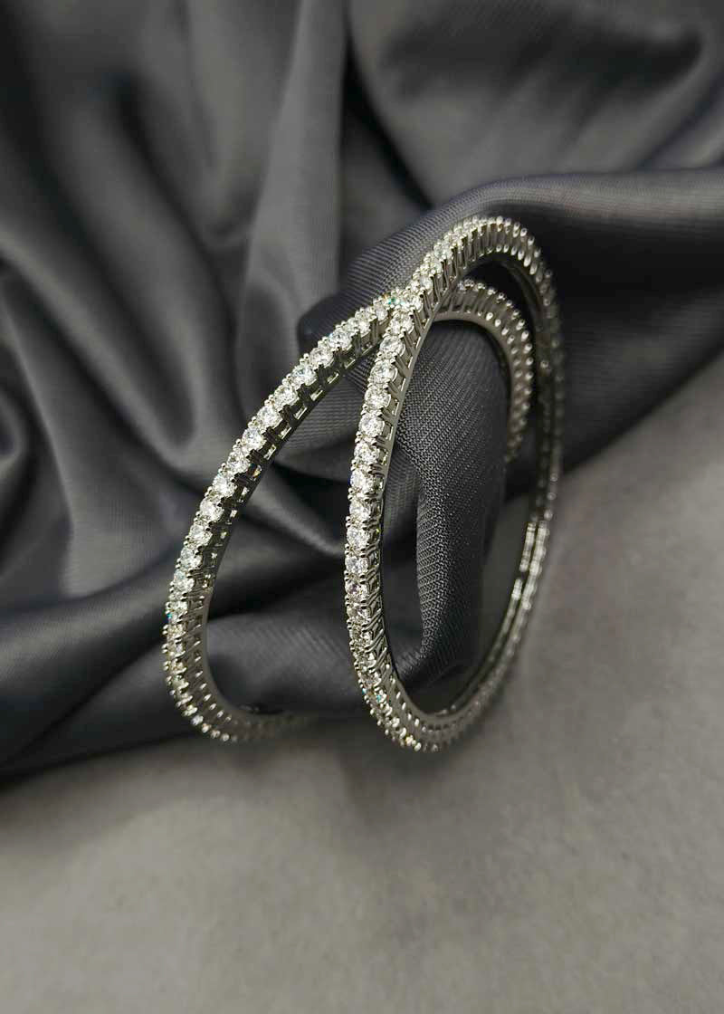 Elegant Trio Plated Solitaire Style Cubic Zircon Fixed Bangle (Pair)