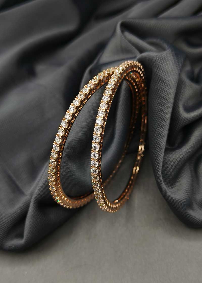 Elegant Trio Plated Solitaire Style Cubic Zircon Fixed Bangle (Pair)