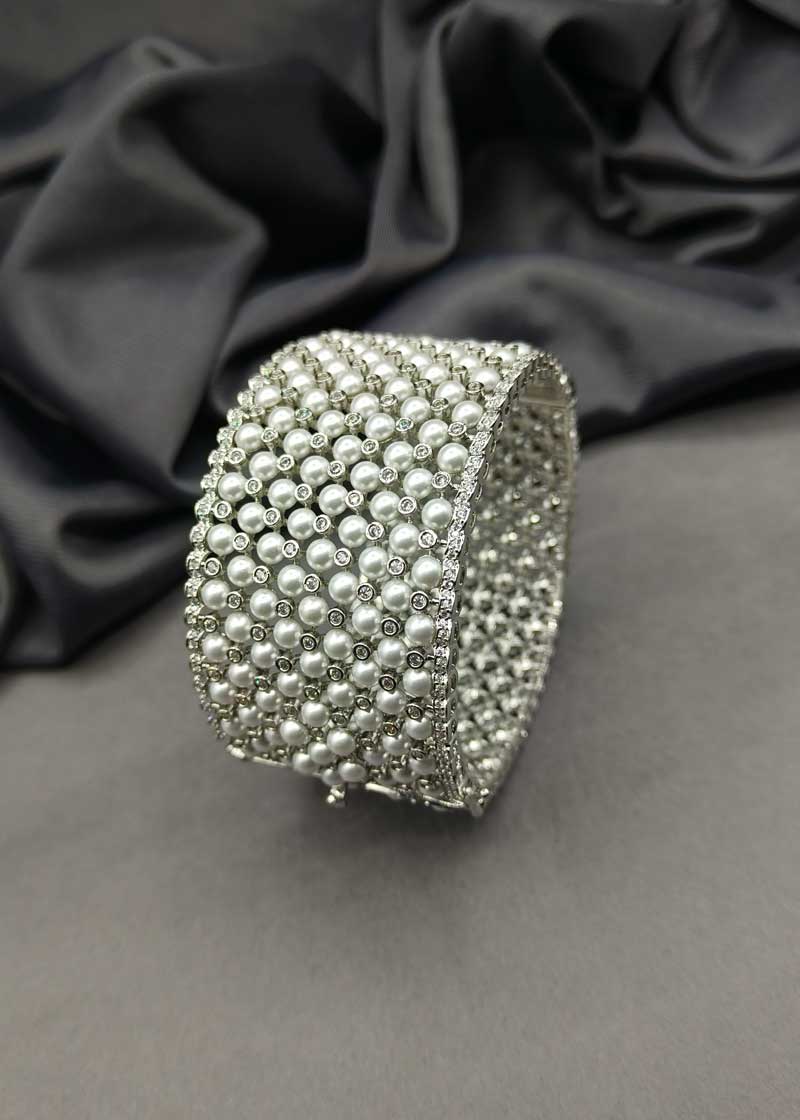 Dual Plated Pearl And Cubic Zircon Wide Openable Kada Style Bangle For Women
