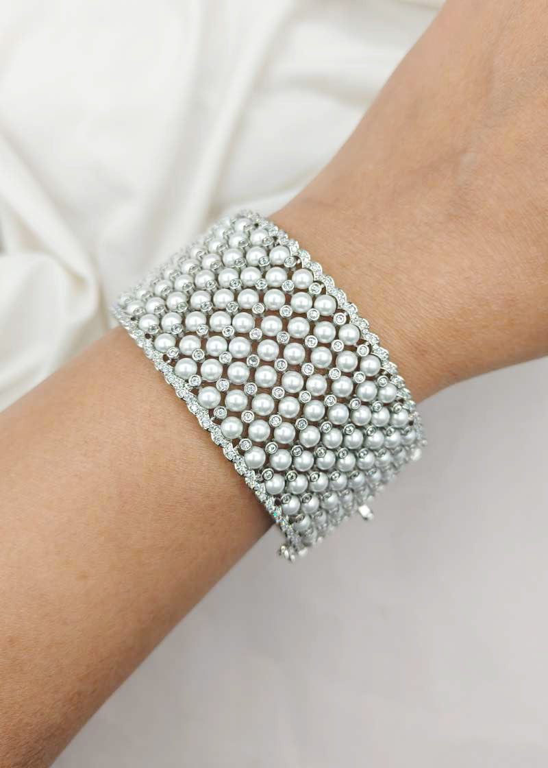 Dual Plated Pearl And Cubic Zircon Wide Openable Kada Style Bangle For Women