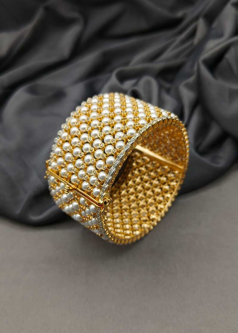 Dual Plated Pearl And Cubic Zircon Wide Openable Kada Style Bangle For Women