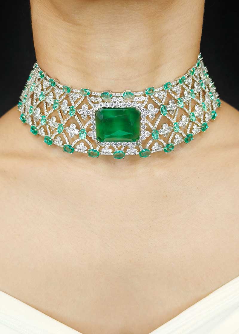 Luxury Emerald Cut Cubic Zircon Silver Plated Choker Necklace Set